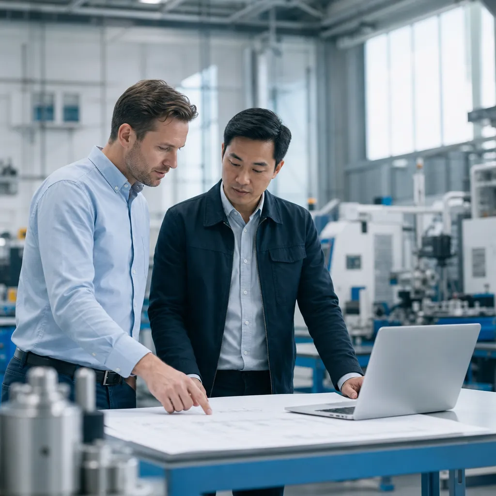 Engineers reviewing technical drawings in a modern manufacturing facility